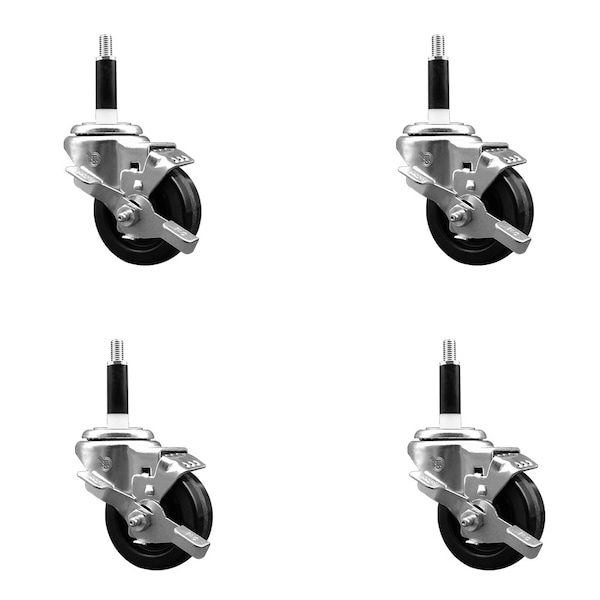 3'' SS Phenolic Swivel 7/8'' Expanding Stem Caster Set with Brake, 4PK